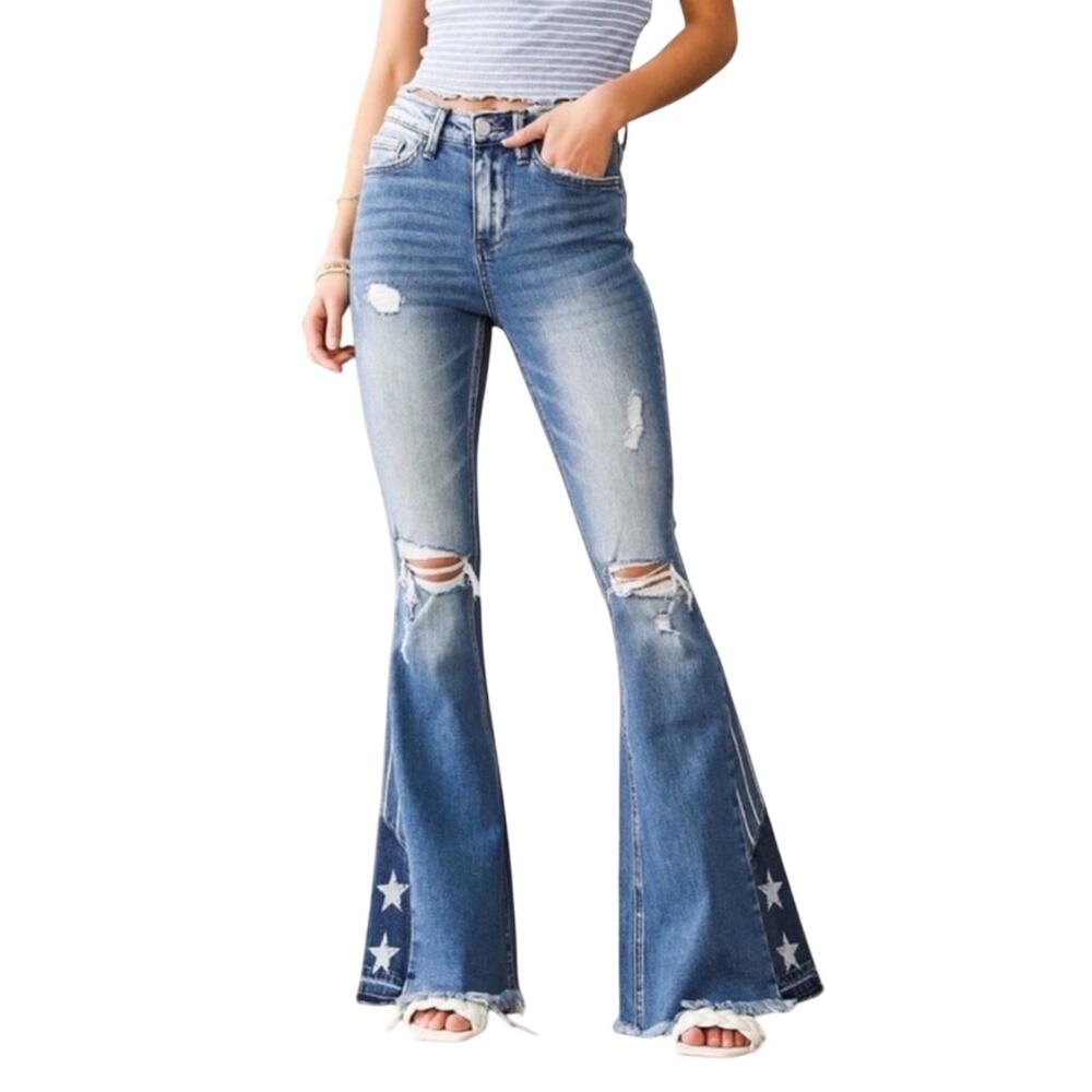 Bridge by GLY High Rise Super Flare Patriotic Jeans, Star Distressed, Size 27 - Picture 2 of 9